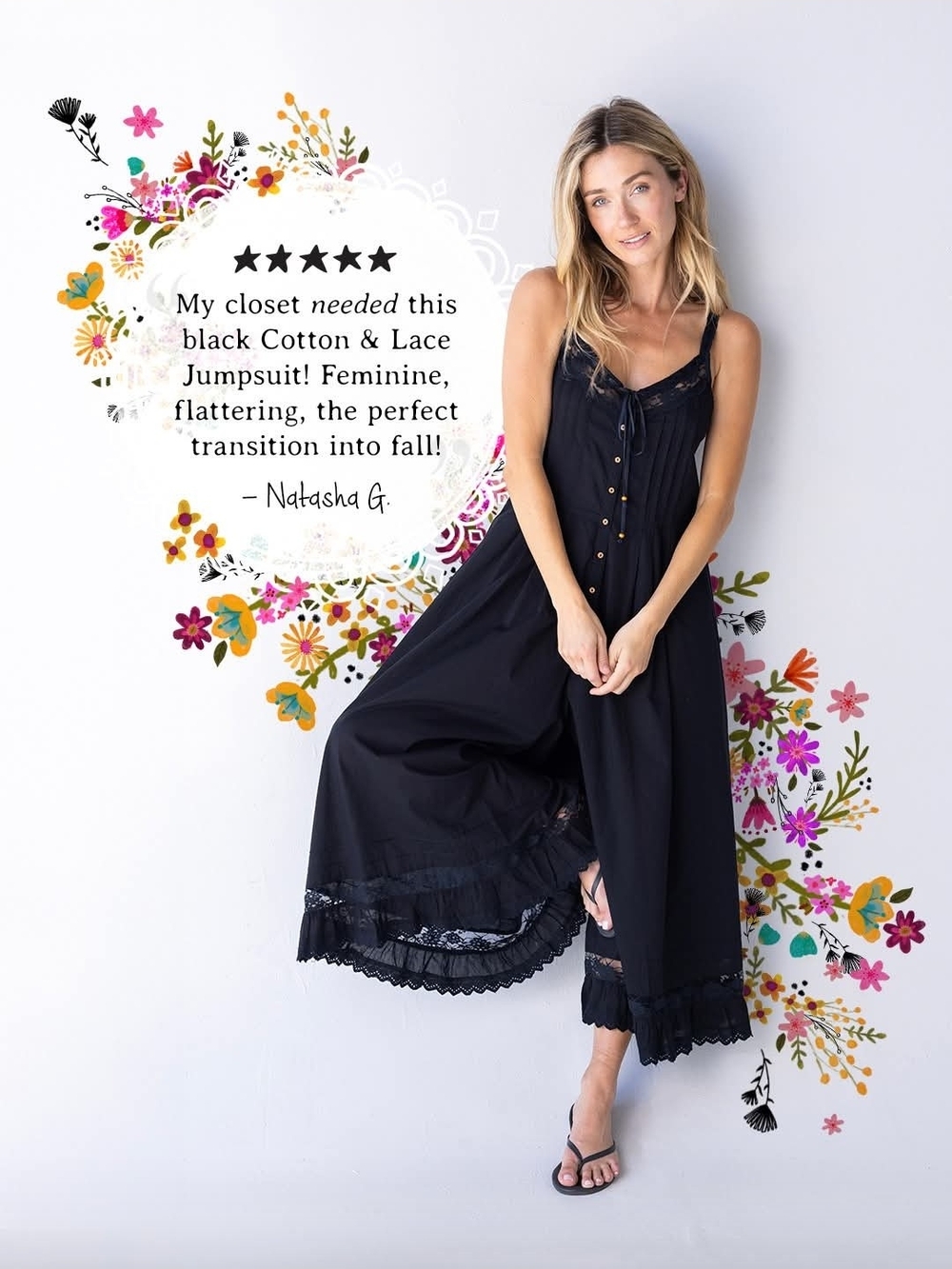 NATURAL LIFE Black Cotton & Lace Jumpsuit